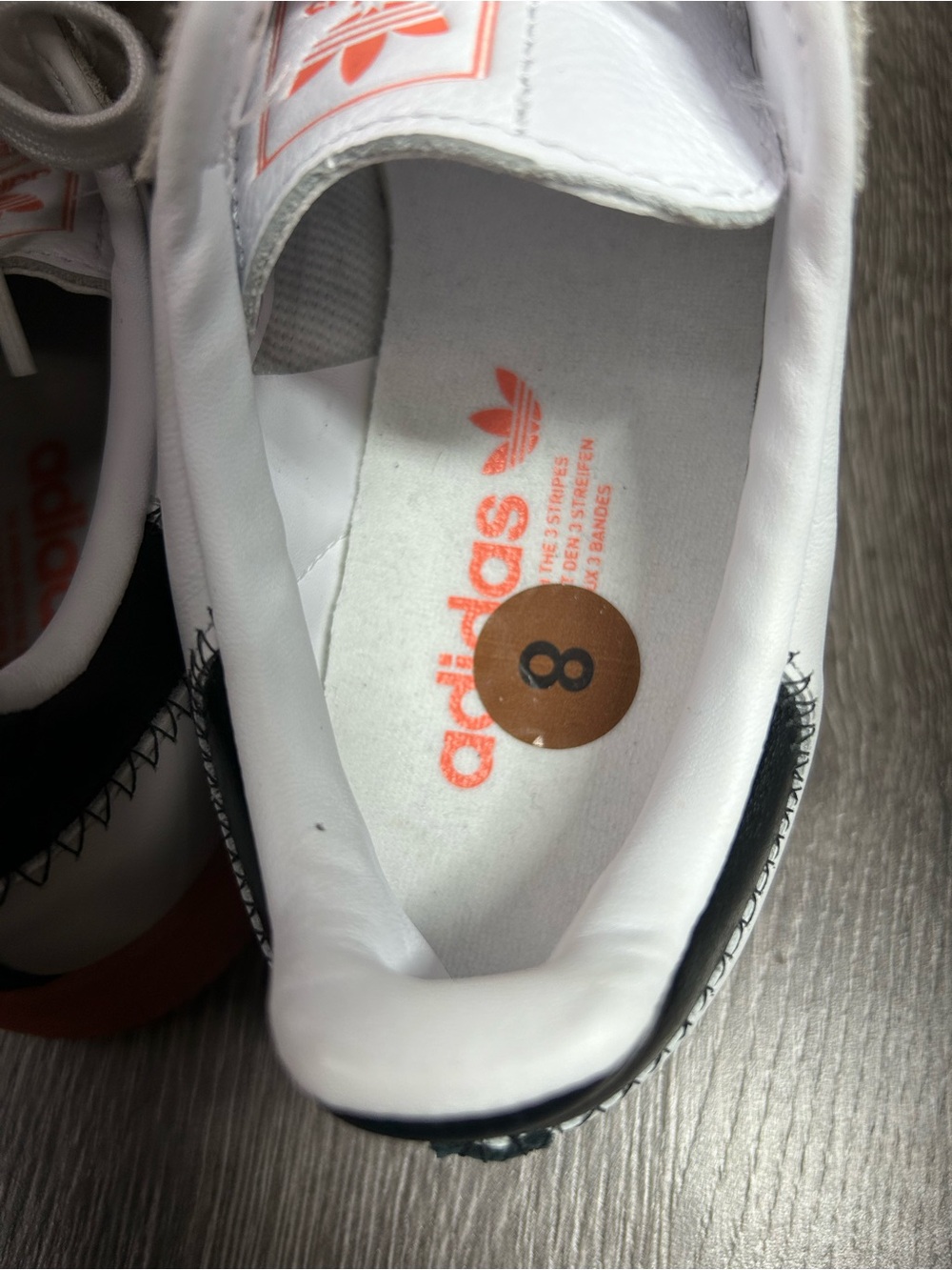 Adidas Samba White Leather Sneakers with Black Stripes & Orange Gum Sole - Picture 6 of 9